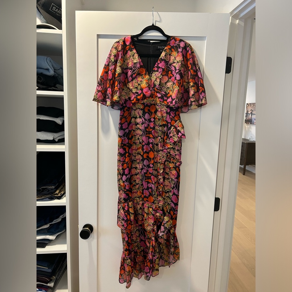 Saloni - Black w/ Pink, Orange & Gold Floral Print Maxi Dress Sz 6